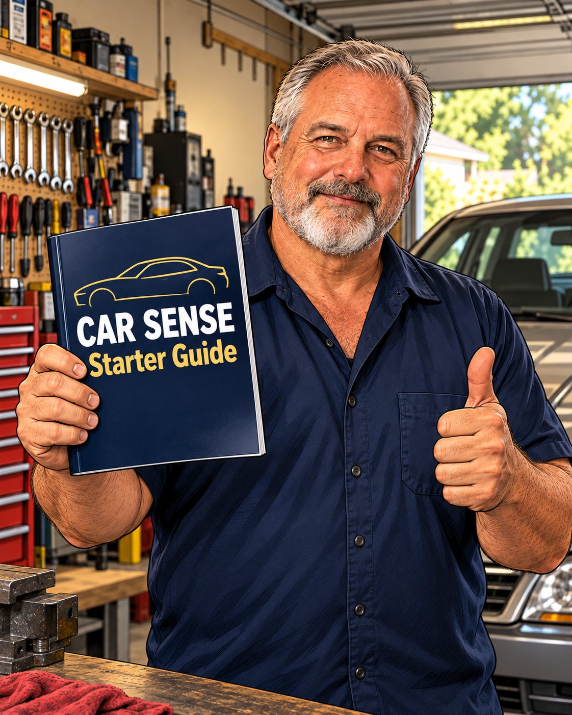Cal, in his garage, holding up the Car Sense Starter Guide